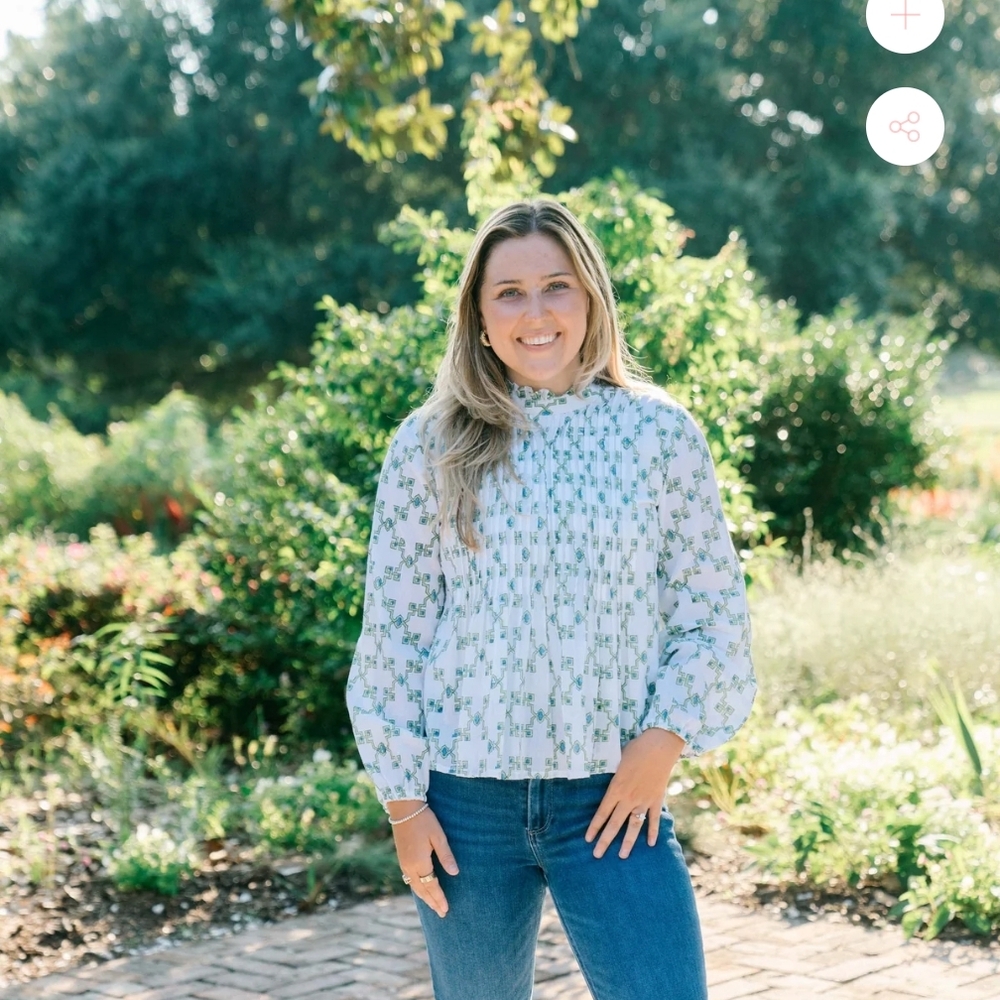 Victoria Dunn Kinsley Sagebrush Blouse Cotton White Green Blockprint M 🩷